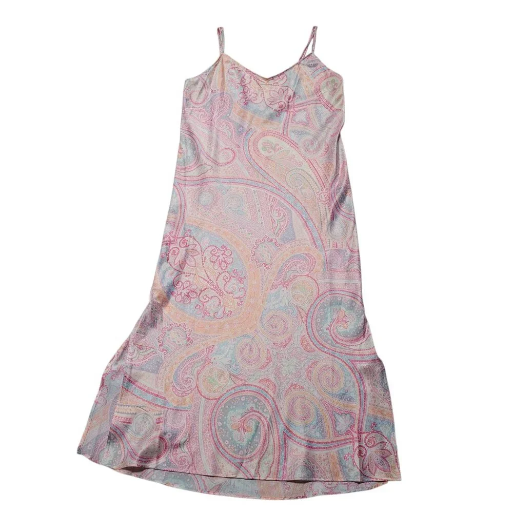 Ralph Lauren Maxi Slip Dress Nightgown Paisley Pink Adjustable Straps Sexy Slits